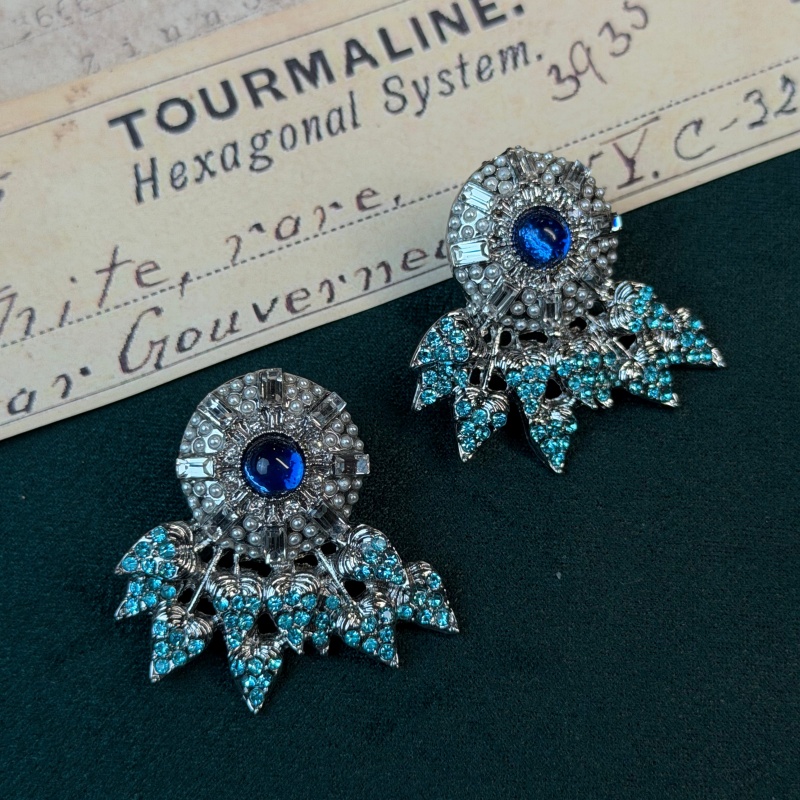 Vintage Fashion Jewelry Brands - Vintage Blue Snowflake Pearl Rhinestone Earring