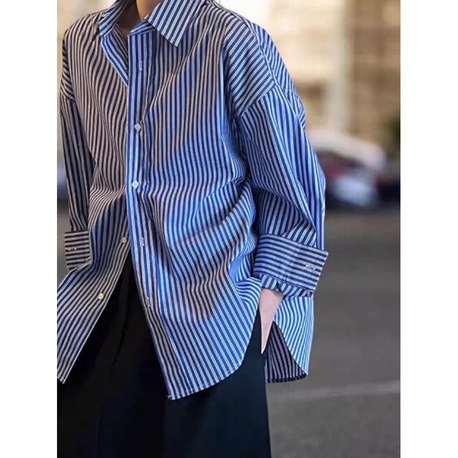Blue Striped Loose Long Sleeve - Vintage Fashion Hong Kong のレビューと価格