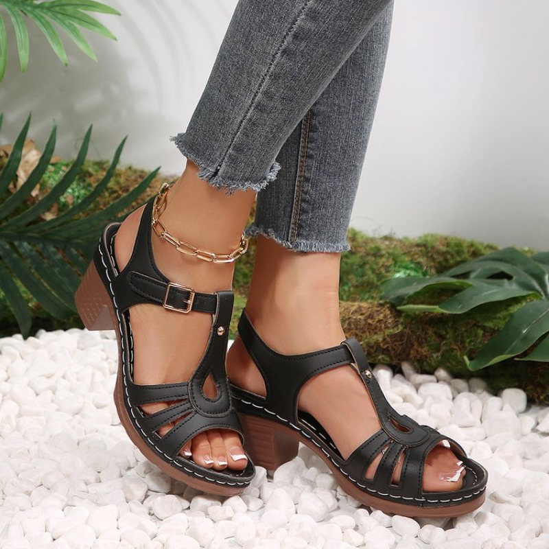 Women Vintage Sandals Block Mi - Vintage Fashion Dresses のレビューと価格